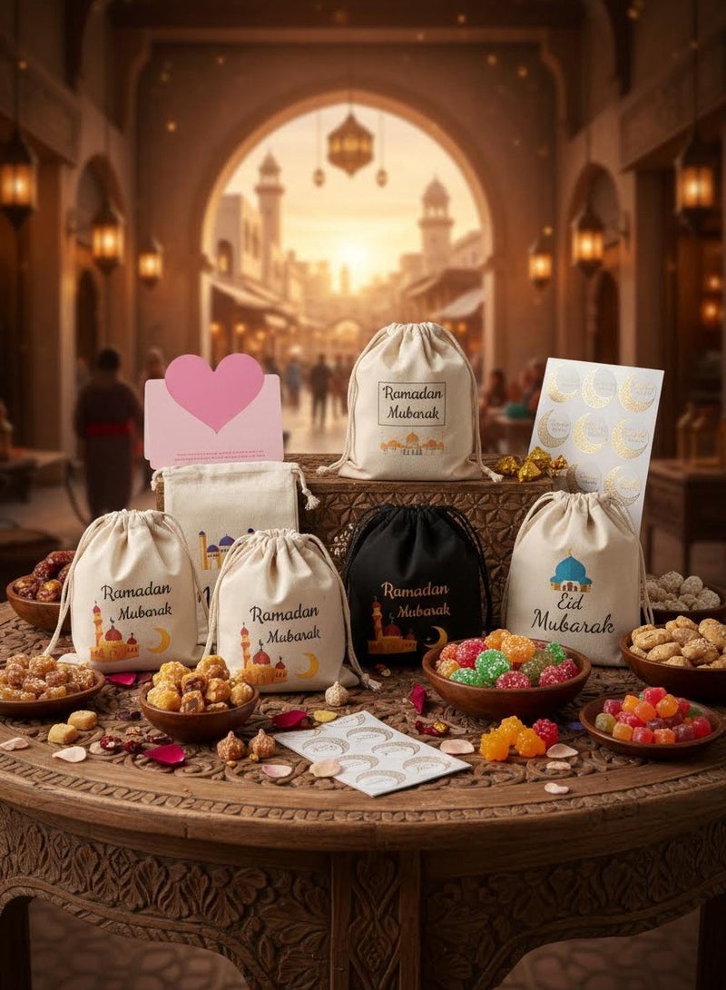 maffick 5-Piece Canvas & Velvet Drawstring Gift Bags (10x15cm) - Decorative Favors Pouches for Ramadan & Eid Season - Beige & Black - Image 1